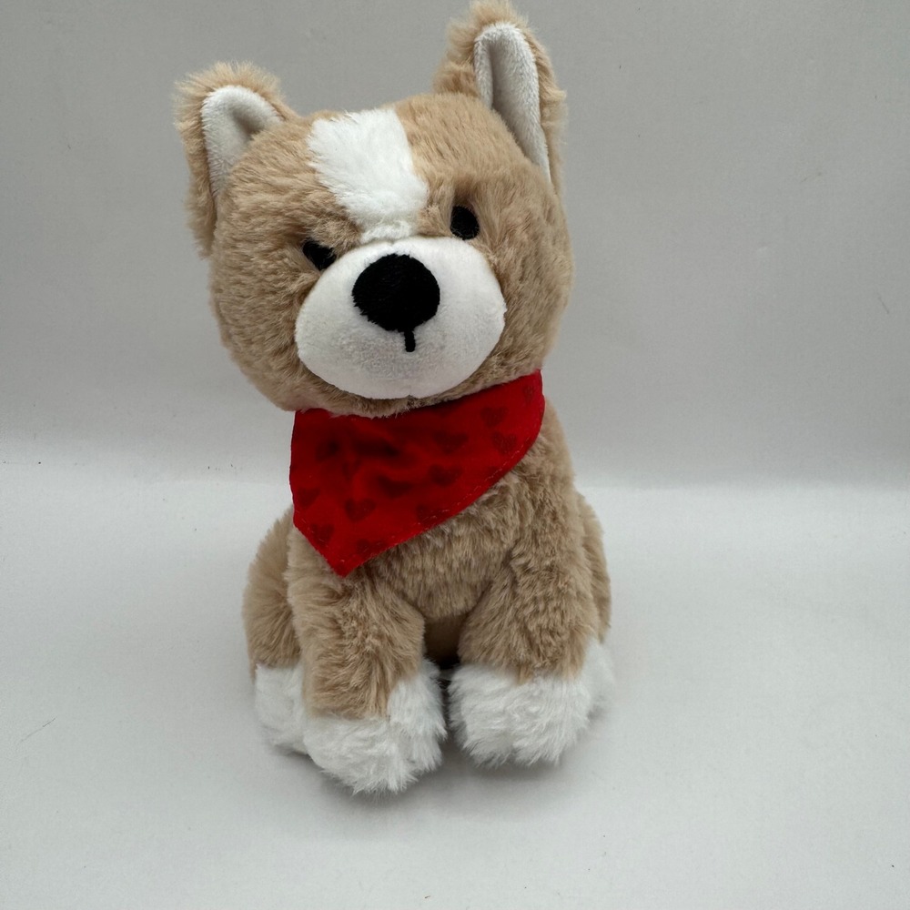 American Greetings Plush Dog Kids 9in Tan White Red Heart Bandana Puppy Toy